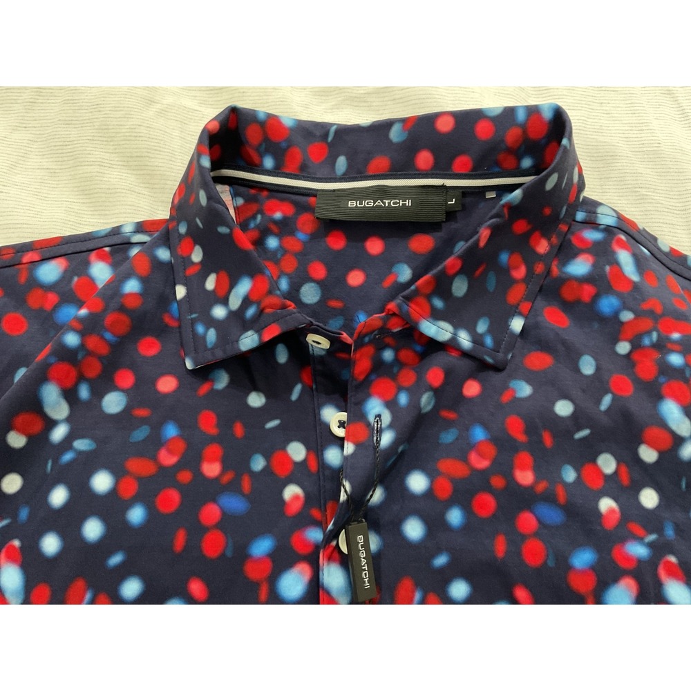 Bugatchi Mens Large Navy Blue Red Dot Mercerized Cotton Polo Shirt NWT